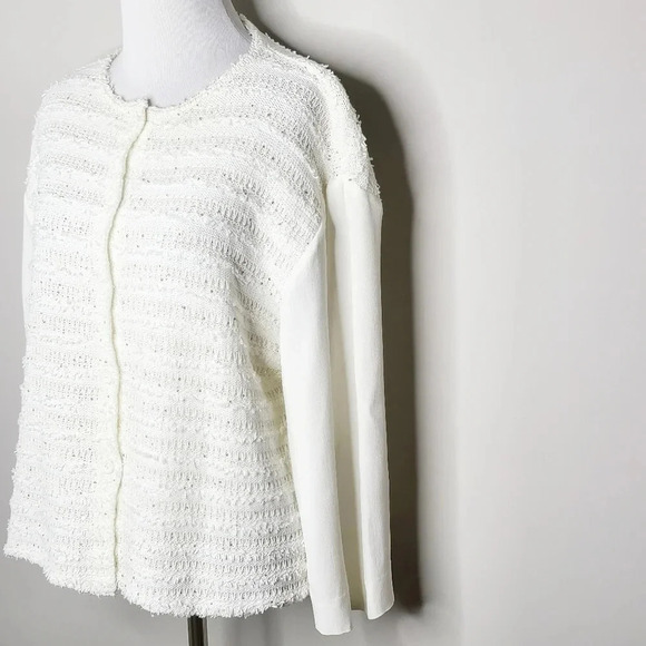 Amina Rubinacci White Button Down Knit Sequin Sweater With Crepe Sleeves… - Picture 2 of 7